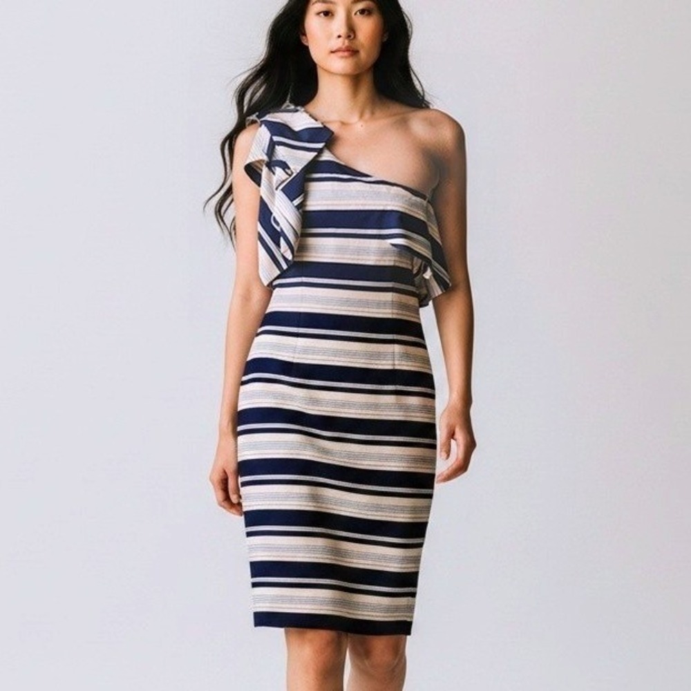 Banana Republic Womens Dress | Sz 12 | One Shoulder Bow Stripe Satin Blue Glam